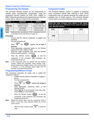 Page 1210 
REMOTE CONTROL OPERATION
ENGLISH
Programming The Remote
The Universal Remote Control can be programmed to
operate many manufacturers’ components, using the
component function buttons for VCR, DVD, CABLE or
DBS. Follow the procedures for programming your Remote
Control with or without a code for the component.
Note:Determine the manufacturer of the component and look
in the table for the code (found on page 11).
Procedure
 Confirm that the external component is plugged and
operating.
 Turn the...