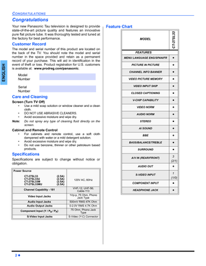 Page 42 
CONGRATULATIONS
ENGLISH
Congratulations
Your new Panasonic Tau television is designed to provide
state-of-the-art picture quality and features an innovative
pure flat picture tube. It was thoroughly tested and tuned at
the factory for best performance.
Customer Record
The model and serial number of this product are located on
the back of the TV. You should note the model and serial
number in the space provided and retain as a permanent
record of your purchase. This will aid in identification in the...