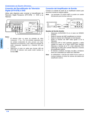 Page 326 z
CONEXIONES DE EQUIPO OPCIONAL
ESPAÑOL
Conexión del Decodifi cador de Televisión 
Digital (DTV-STB) ó DVD
Utilice este diagrama para conectar el decodificador de
Televisión Digital Panasonic (DTV-STB)  ó  DVD a su
Te l e v i s o r .
 
Notas: • El televisor tiene un grupo de entradas de video
compuesto: Y, P
B Y  PR. Las entradas separadas para
las señales compuestas de color, proveen una mejor
separación de luminancia y color. Utilice las entradas de
audio compuesto; Izquierda (L) y Derecha (R) para...