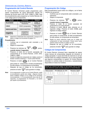 Page 3610 z
OPERACIÓN DEL CONTROL REMOTO
ESPAÑOL
Programación del Control Remoto
El Control Remoto Universal puede programarse para
operar componentes de varios fabricantes usando los
botones de función para VCR, DVD, CABLE o DBS. Siga
los procedimientos para programar su Control Remoto con
o sin código para el componente.
Nota:Determine el fabricante del componente y busque en la
tabla su código (se encuentran la pagina 11).
Procedimiento
• Confirme que el componente esté conectado y en
operación.
• Apague el...