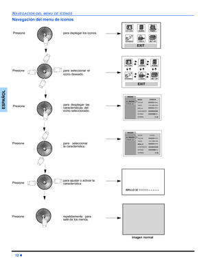 Page 3812 z
NAVEGACIÓN DEL MENU DE ICONOS
ESPAÑOL
Navegación del menu de iconos
Presione para deplegar los iconos.
EXIT
Presione para seleccionar el
icono deseado.
Presionepara desplegar las
características del
icono seleccionado. 
Presione para seleccionar
la característica.
Presionepara ajustar o activar la
característica 
Presione repetidamente para
salir de los menús.
EXIT
BRILLO 32  l l l l l l l -- -- -- -- --
imagen normal
IMAGEN
AJ. IMAGENOTROS  AJ.
NO

MODO
COLOR
TINTE
BRILLO
CONTRASTE
NITIDEZ...