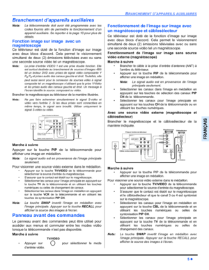 Page 55BRANCHEMENT D’APPAREILS AUXILIAIRES
5 z
FRANÇAIS
Branchement d’appareils auxiliaires
Nota:La télécommande doit avoir été programmée avec les
codes fournis afin de permettre le fonctionnement d’un
appareil auxiliaire. Se reporter à la page 10 pour plus de
détails.
Fonction image sur image  avec un 
magnétoscope 
Ce téléviseur est doté de la fonction d’image sur image
avec deux blocs d’accord. Cela permet le visionnement
simultané de deux (2) émissions télévisées avec ou sans
une seconde source vidéo tel...