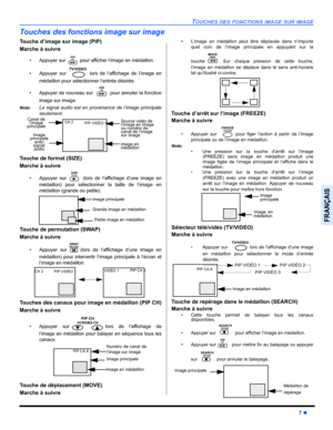 Page 57TOUCHES DES FONCTIONS IMAGE SUR IMAGE
7 z
FRANÇAIS
Touches des fonctions image sur image
Touche d’image sur image (PIP)
Marche à suivre
• Appuyer sur   pour afficher l’image en médaillon.
• Appuyer sur  lors de l’affichage de l’image en
médaillon pour sélectionner l’entrée désirée.
• Appuyer de nouveau sur   pour annuler la fonction
image sur image.
Nota:Le signal audio est en provenance de l’image principale
seulement.
 
Touche de format (SIZE)
Marche à suivre
• Appuyer sur (lors de l’affichage d’une...