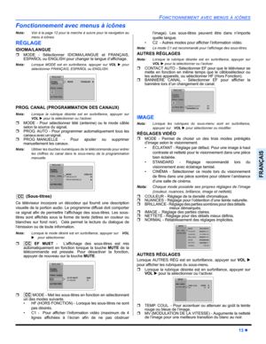 Page 63FONCTIONNEMENT AVEC MENUS À ICÔNES
13 z
FRANÇAIS
Fonctionnement avec menus à icônes
Nota:Voir à la page 12 pour la marche à suivre pour la navigation au
menu à icônes.
RÉGLAGE
IDIOMA/LANGUE 
ˆMODE - Sélectionner IDIOMA/LANGUE et FRANÇAIS,
ESPAÑOL ou ENGLISH pour changer la langue d’affichage.
Nota:Lorsque MODE est en surbrillance, appuyer sur VOL X pour
sélectionner FRANÇAIS, ESPAÑOL ou ENGLISH.      
PROG. CANAL (PROGRAMMATION DES CANAUX)
Nota:Lorsque la rubrique désirée est en surbrillance, appuyer...