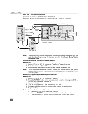 Page 1312
INSTALLATION
VCR and Cable Box Connection
(For models CT-27SX31/U, CT-32SX31/U, and CT-36SX31/U)
Follow this diagram when connecting your television to both a VCR and a cable box.
Note:The remote control must be programmed with supplied codes to operate the VCR and
cable box. See Programming the Remote Control in the Remote Control Quick
Reference Guide.
Viewing a premium (scrambled) cable channel
Procedure
1. Select ANT2 in the SET UP menu under Prog Chan (Program Channels).
2. Tune the television to...