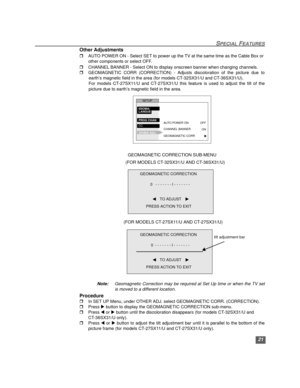Page 2221
SPECIAL FEATURES
Other Adjustments
rAUTO POWER ON - Select SET to power up the TV at the same time as the Cable Box or 
other components or select OFF.
rCHANNEL BANNER - Select ON to display onscreen banner when changing channels.
rGEOMAGNETIC CORR (CORRECTION) - Adjusts discoloration of the picture due to
earth’s magnetic field in the area (for models CT-32SX31/U and CT-36SX31/U). 
For models CT-27SX11/U and CT-27SX31/U this feature is used to adjust the tilt of the
picture due to earth’s magnetic...