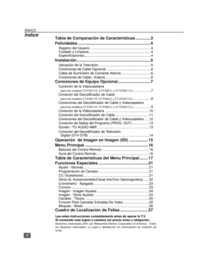 Page 322
INDICE
IndiceTabla de Comparación de Características .............3
Felicidades ................................................................4
Registro del Usuario   ...............................................................4
Cuidado y Limpieza ..................................................................4
Especificaciones.......................................................................4
Instalación .................................................................5
Ubicación de la...