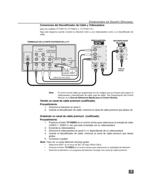 Page 399
CONEXIONES DE EQUIPO OPCIONAL
Conexiones del Decodificador de Cable y Videocastera
(para los modelos CT-F2911/X, CT-F2921L y  CT-27SX11/U.)
Siga este diagrama cuando conecte su televisión tanto a una videocasetera como a un decodificador de
cable.
Nota:El control remoto debe ser programado con los códigos que se incluyen para operar la
videocasetera y decodificador de cable (caja de cable). Vea Programación del Control
Remoto en la Guía de Referencia Rápida para el Control Remoto.
Viendo un canal de...