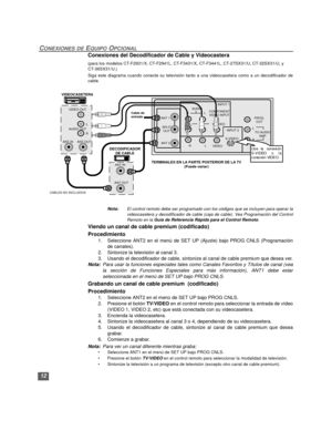 Page 4212
CONEXIONES DE EQUIPO OPCIONAL
Conexiones del Decodificador de Cable y Videocastera
(para los modelos CT-F2931/X, CT-F2941L, CT-F3431/X, CT-F3441L, CT-27SX31/U, CT-32SX31/U, y 
CT-36SX31/U.)
Siga este diagrama cuando conecte su televisión tanto a una videocasetera como a un decodificador de
cable.
Nota:El control remoto debe ser programado con los códigos que se incluyen para operar la
videocasetera y decodificador de cable (caja de cable). Vea Programación del Control
Remoto en la Guía de Referencia...