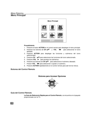 Page 4616
MENU PRINCIPAL
Menu Principal
  
Procedimiento
1. Presione el boton ACTION en el control remoto para desplegar el menu principal.
2. Presione los botones de CH pq y  VOL tu para seleccionar el icono
deseado.
3. Presione ACTION para desplegar las funciones y submenus del icono
seleccionado.
4. Presione CH pq para seleccionar las funciones del icono seleccionado.
5. Presione VOL u para accesar los submenus.
6. Presione los botones de CH pq para seleccionar el submenu deseado.
7. Presion VOL tu para...