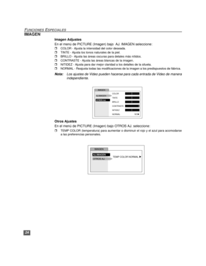 Page 5424
FUNCIONES ESPECIALES
IMAGEN
Imagen Adjustes
En el menú de PICTURE (Imagen) bajo  AJ. IMAGEN seleccione:
rCOLOR - Ajusta la intensidad del color deseada.
rTINTE - Ajusta los tonos naturales de la piel.
rBRILLO - Ajusta las áreas oscuras para detales más nítidos.
rCONTRASTE - Ajusta las áreas blancas de la imagen.
rNITIDEZ - Ajusta para dar mejor claridad a los detalles de la silueta.
rNORMAL - Reajusta todas las modificaciones de la imagen a los predispuestos de fábrica. 
Nota:Los ajustes de Video...