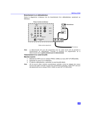 Page 295 INSTALLATIONBranchement à un câblosélecteur
Suivre le diagramme ci-dessous lors du branchement d’un câblosélecteur seulement au
téléviseur.
Nota:La télécommande doit avoir été programmée avec les codes fournis afin de permettre le
fonctionnement du câblosélecteur. Consulter la procédure de programmation de la
télécommande dans le guide sommaire pour la télécommande.
Visionnement d’un canal brouillé
Marche à suivre
1.Sélectionner ANT2 sous la rubrique PROG. CANAL du menu SET UP (RÉGLAGE).
2.Syntoniser...