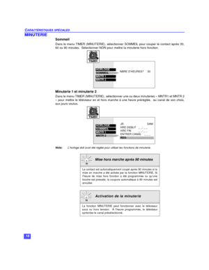 Page 4016 CARACTÉRISTIQUES SPÉCIALESMINUTERIE
Sommeil
Dans le menu TIMER (MINUTERIE), sélectionner SOMMEIL pour couper le contact après 30,
60 ou 90 minutes.  Sélectionner NON pour mettre la minuterie hors fonction.
Minuterie 1 et minuterie 2
Dans le menu TIMER (MINUTERIE), sélectionner une ou deux minuteries – MNTR1 et MNTR 2
– pour mettre le téléviseur en et hors marche à une heure préréglée,  au canal de son choix,
aux jours voulus.
Nota:L’horloge doit avoir été réglée pour utiliser les fonctions de...
