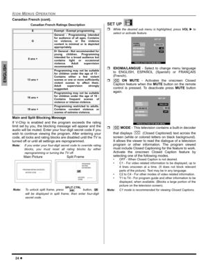 Page 2624 z
ICON MENUS OPERATION
ENGLISH
Canadian French (cont).
Canadian French Ratings Description 
Main and Split Blocking Message   
If V-Chip is enabled and the program exceeds the rating
limit set by you, the blocking message will appear and the
audio will be muted. Enter your four-digit secret code if you
wish to continue viewing the program. After entering your
code, all locks and rating blocks are disabled until the TV is
turned off or until all settings are reprogrammed.
Note:If you enter your...