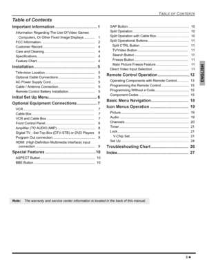 Page 5TABLE OF CONTENTS
3 z
ENGLISH
Table of Contents
Important Information ..................................... 1
Information Regarding The Use Of Video Games
Computers, Or Other Fixed Image Displays ............    1
FCC Information .........................................................    2
Customer Record........................................................    4
Care and Cleaning ......................................................    4...