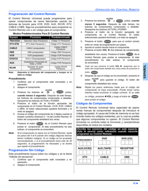 Page 47OPERACIÓN DEL CONTROL REMOTO
15 z
ESPAÑOL
Programación del Control Remoto
El Control Remoto Universal puede programarse para
operar componentes de varios fabricantes usando los
botones de función para VCR, DVD, AUX, RCVR, DTV,
CABLE ó DBS. Siga los procedimientos para programar su
Control Remoto con o sin código para el componente.
Nota: Determine el fabricante del componente y busque en la
tabla su código,
Procedimiento
1. Confirme que el componente esté conectado y en
operación.
2. Apague el...