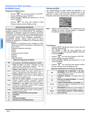 Page 5422 z
OPERACIÓN DEL MENU DE ÍCONOS
ESPAÑOL
BLOQUEO (cont.)
Programas de EEUU (cont.)
• Presione  dos veces para regresar V-CHIP SET.
• Presione CH T para realzar TIEMPO?
• Presione WVOL ó VOL X para seleccionar 12, 24, 48
horas ó SIEMPRE.
• Presione  dos veces para regresar al Menu
Principal, despues presione CH S para salir.
Tabla De Programas De EEUU 
Peliculas de EEUU
Las características de este modelo de televisión y la
“Tecnología V-CHIP” permite usar clasificaciones al ver
películas o vídeos. Esta...