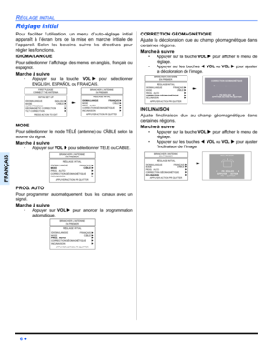 Page 686 z
RÉGLAGE INITIAL
FRANÇAIS
Réglage initial
Pour faciliter l’utilisation, un menu d’auto-réglage initial
apparaît à l’écran lors de la mise en marche initiale de
l’appareil. Selon les besoins, suivre les directives pour
régler les fonctions.
IDIOMA/LANGUE
Pour sélectionner l’affichage des menus en anglais, français ou
espagnol
.
Marche à suivre
• Appuyer sur la touche VOLX pour sélectionner
ENGLISH, ESPAÑOL ou FRANÇAIS.  
MODE
Pour sélectionner le mode TÉLÉ (antenne) ou CÂBLE selon la
source du signal....