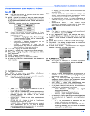 Page 81FONCTIONNEMENT AVEC MENUS À ICÔNES
19 z
FRANÇAIS
Fonctionnement avec menus à icônes
IMAGE 
Nota:Pour régler les rubriques du sous-menu lorsqu’elles sont en
surbrillance, appuyer sur VOL X. 
ˆMODE - Permet de choisir un des trois modes préréglés
d’image selon le visionnement.
 Le réglage de la température
de la couleur sera également modifié lorsque cette fonction
est activée.
Mode Image - Réglages implicites de la température couleur
Nota:Chaque mode possède ses propres réglages de l’image
(couleur,...