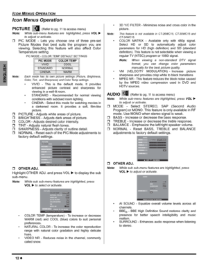 Page 1412z
ICON MENUS OPERATION
ENGLISH
Icon Menus Operation
PICTURE(Refer to pg. 11 to access menu)
Note:While sub-menu features are  highlighted, press VOLX
to adjust or activate. 
ˆPIC MODE - Lets you choose one of three pre-set
Picture Modes that best suits the program you are
viewing. Selecting this feature will also affect Color
Temperature setting.
PIC MODE - COLOR TEMP DEFAULT SETTINGS
Note:Each mode has its own picture settings (Picture, Brightness,
Color, Tint , and Sharpness) and Color Temp...