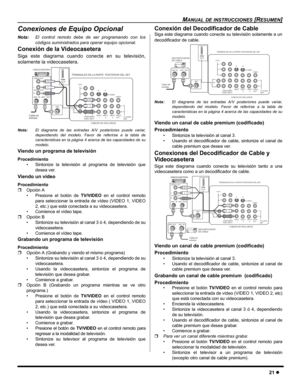 Page 23MANUAL DE INSTRUCCIONES [RESUMEN]
21z
Conexiones de Equipo Opcional
Nota:El control remoto debe de ser programando con los
códigos suministrados para operar equipo opcional.
Conexión de la Videocasetera 
Siga este diagrama cuando conecte en su televisión,
solamente la videocasetera.  
Nota:El diagrama de las entradas A/V posteriores puede variar,
dependiendo del modelo. Favor de referirse a la tabla de
caracteristicas en la página 4 acerca de las capacidades de su
modelo.
Viendo un programa de...