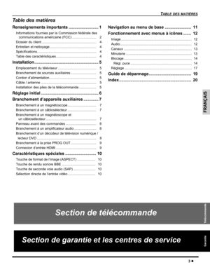 Page 33TABLE DES MATIÈRES
3z
FRANÇAIS
Section de télécommande 
Section de garantie et les centres de service 
Télécommande Garantie
Table des matières
Renseignements importants .......................... 1
Informations fournies par la Commission fédérale des 
communications américaine (FCC) .........................    2
Dossier du client .........................................................    4
Entretien et nettoyage.................................................    4...