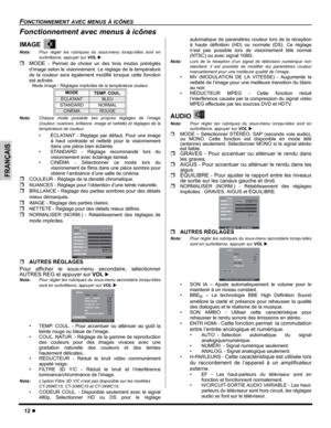 Page 4212z
FONCTIONNEMENT AVEC MENUS À ICÔNES
FRANÇAIS
Fonctionnement avec menus à icônes
IMAGE
Nota:Pour régler les rubriques du sous-menu lorsqu’elles sont en
surbrillance, appuyer sur VOL X.
ˆMODE - Permet de choisir un des trois modes préréglés
d’image selon le visionnement. Le réglage de la température
de la couleur sera également modifié lorsque cette fonction
est activée.
Mode Image - Réglages implicites de la température couleur
Nota:Chaque mode possède ses propres réglages de l’image
(couleur, nuances,...