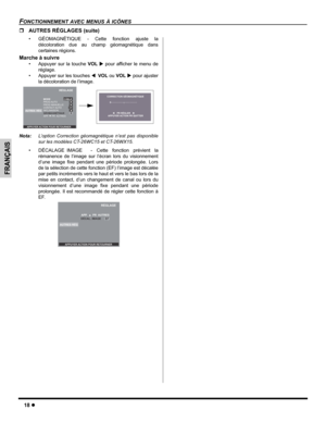 Page 4818z
FONCTIONNEMENT AVEC MENUS À ICÔNES
FRANÇAIS
ˆAUTRES RÉGLAGES (suite)
• GÉOMAGNÉTIQUE - Cette fonction ajuste la
décoloration due au champ géomagnétique dans
certaines régions.
Marche à suivre
• Appuyer sur la touche VOLX pour afficher le menu de
réglage.
• Appuyer sur les touches WVOLou VOLX pour ajuster
la décoloration de l’image.   
Nota:L’option Correction géomagnétique n’est pas disponible
sur les modèles CT-26WC15 et CT-26WX15.
• DÉCALAGE IMAGE  - Cette fonction prévient la
rémanence de l’image...