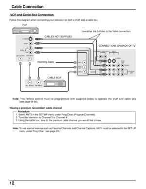 Page 1212
Cable Connection
Follow this diagram when connecting your television to both a VCR and a cable box.
Note: To use special features such as Favorite Channels and Channel Captions, ANT1 must be selected in the SET UP
menu under Prog Chan (see page 23). Note: The remote control must be programmed with supplied codes to operate the VCR and cable box
(see page 64-66).
Procedure
1. Select ANT2 in the SET UP menu under Prog Chan (Program Channels).
2. Tune the television to Channel 3 or Channel 4.
3. Using...