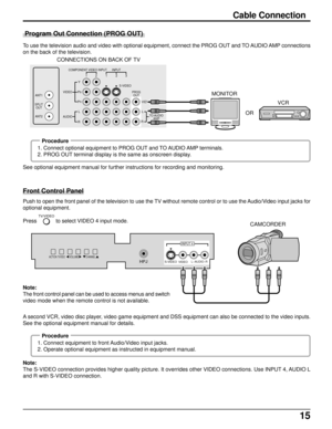 Page 1515
S-VIDEO
VIDEOL-AUDIO-R
INPUT 4
ACTIONTV/VIDEOVOLUMEHPJCHANNEL
Cable Connection
Program Out Connection (PROG OUT)
To use the television audio and video with optional equipment, connect the PROG OUT and TO AUDIO AMP connections
on the back of the television.
See optional equipment manual for further instructions for recording and monitoring.
S-VIDEO
AUDIOCOMPONENT VIDEO INPUT INPUT
PB
PR
Y
VIDEO
RL
TO AUDIO
AMP
RL
12123
VIDEO PROG
OUT ANT1
ANT2 SPLIT
OUT
CONNECTIONS ON BACK OF TV
VCR
OR MONITOR...