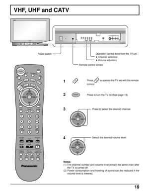 Page 1919
S-VIDEO
VIDEOL-AUDIO-RINPUT 4ACTIONTV/VIDEOVOLUMEHPJCHANNEL
S-VIDEO
VIDEOL-AUDIO-R
INPUT 4
ACTIONTV/VIDEOVOLUMEHPJCHANNEL
VHF, UHF and CATV
Power switch
Remote control sensorOperation can be done from the TV set.
• Channel selectors
• Volume adjusters
Press to turn the TV on (See page 18). Press 
TV to operate the TV set with the remote
control.
Press to select the desired channel.
Select the desired volume level.
Notes:
(1) The channel number and volume level remain the same even after
the TV is...