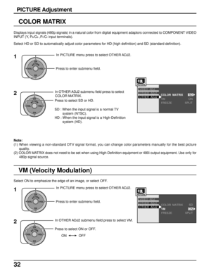 Page 3232
PICTURE Adjustment
VM (Velocity Modulation)
ACTIONCH
CH VOL VOL
In OTHER ADJ2 submenu field press to select VM.
Press to select ON or OFF.
ON OFF
VM
FREEZE
OTHER  ADJ1
OTHER  ADJ2 VIDEO  ADJ.
ON
COLOR  MATRIXSD
SPLIT
ACTIONCH
CH VOL VOL
In PICTURE menu press to select OTHER ADJ2.
Press to enter submenu field.1
2
Select ON to emphasize the edge of an image, or select OFF.
VM
FREEZE
OTHER  ADJ1
OTHER  ADJ2 VIDEO  ADJ.
ON
COLOR  MATRIX
SPLITSD
COLOR MATRIX
Displays input signals (480p signals) in a...