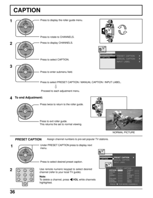 Page 3636
PRESET  CAPTION
MANUAL  CAPTION
INPUT  LABELCAPTION FAVORITES
CRTOON
CSPAN
DISC
DISNEY
E !
ENCORE
ESPN2
ESPNWSFAMILY
FLIX
FNC
FOXSPT
FOOD
FX
GOLF
HBO2 PRESET  CAPTION
PRESS       FOR MORE CHANNELS
EXIT
LOCK
ACTIONCH
CH VOL VOL
CAPTION FAVORITESPRESET  CAPTION
MANUAL  CAPTION
INPUT  LABEL
CAPTION
1
ACTIONCH
CH VOL VOLPress to display the roller guide menu.
Press to rotate to CHANNELS.
EXIT
LOCK
2
ACTIONCH
CH VOL VOLPress to display CHANNELS.
Press to select CAPTION.
ACTIONCH
CH VOL VOL3
Press to enter...