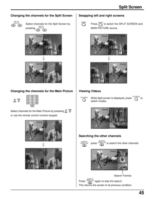 Page 4545
CH10
SWAP
CHCH
123
456
78
09TV/VIDEO
Changing the channels for the Split Screen
PIP CH
VCR CHSelect channels for the Split Screen by
pressing PIP CH
VCR CH .
Swapping left and right screens
Press SWAP to switch the SPLIT SCREEN and
MAIN PICTURE source.
Changing the channels for the Main Picture
Select channels for the Main Picture by pressing CHCH
or use the remote control numeric keypad.
Viewing Videos
While Split screen is displayed, press TV/VIDEO to
switch modes.
Split Screen
CH10
CH10
CH10...