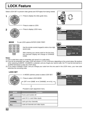 Page 5252
LOCK Feature
Select LOCK SET to prevent video games and VCR tapes from being viewed.
1
ACTIONCH
CH VOL VOLPress to display the roller guide menu.
Press to rotate to LOCK.
2
ACTIONCH
CH VOL VOLPress to display LOCK menu.
EXITLOCK
TIMER
LOCK  SET
BLOCK  PROGRAMS :
STATUS
CHANGE  CODE
HOW LONG ? MODECHANNEL
U.S.  MOVIES
ON
LOCK
MODE
123
456
78
09
To use LOCK options ENTER CODE FIRST.
After entering your secret code for the first time,
the onscreen display will change to CHANGE
CODE. Use the remote...