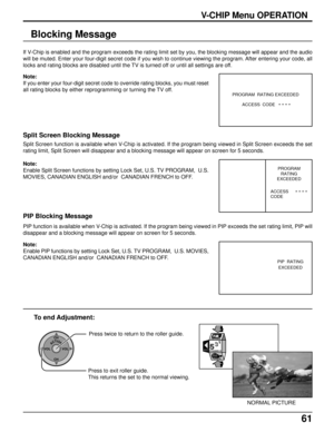 Page 6161
V-CHIP Menu OPERATION
PROGRAM  RATING EXCEEDED
ACCESS  CODE
PROGRAM
RATING
EXCEEDED
ACCESS
CODE
PIP  RATING
EXCEEDED
EXIT
LOCK
ACTIONCH
CH VOL VOLPress twice to return to the roller guide.
To end Adjustment:
Press to exit roller guide.
This returns the set to the normal viewing.
NORMAL PICTURE
Blocking Message
If V-Chip is enabled and the program exceeds the rating limit set by you, the blocking message will appear and the audio
will be muted. Enter your four-digit secret code if you wish to continue...