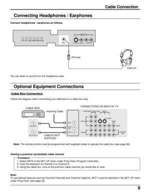 Page 99
Cable Connection
Follow this diagram when connecting your television to a cable box only.
Optional Equipment Connections
Note: The remote control must be programmed with supplied codes to operate the cable box (see page 66).
Procedure
1. Select ANT2 in the SET UP menu under Prog Chan (Program Channels).
2. Tune the television to Channel 3 or Channel 4.
3. Using the cable box, tune to the premium cable channel you would like to view.
Note:
To use special features such as Favorite Channels and Channel...