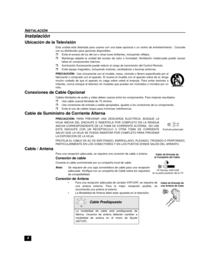 Page 244
INSTALACIÓN
Instalación
Ubicación de la Televisión 
Esta unidad está diseñada para usarse con una base opcional o un centro de entretenimiento.  Consulte
con su distribuidor para opciones disponibles.
rEvite el exceso de luz del sol u otras luces brillantes, incluyendo reflejos.
rMantenga alejada la unidad del exceso de calor o humedad. Ventilación inadecuada puede causar
fallas en componentes internos.
rIluminación fluorescente puede reducir el rango de transmisión del Control Remoto.
rEvite equipo...