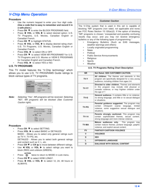 Page 17V-CHIP MENU OPERATION15 lENGLISHV-Chip Menu Operation
Procedure 
•Use the numeric keypad to enter your four digit code.
(Use a code that is easy to remember and record it in
a safe place.)
•Press CHq to enter the BLOCK PROGRAMS field.
•Press tVOLor VOL u to select desired option: U.S.
TV Programs, U.S. Movies, Canadian English or
Canadian French.
•Press CHq to highlight STATUS.
•Press tVOLor VOLu to display desired rating chart:
U.S. TV Programs, U.S. Movies, Canadian English or
Canadian French.
•Press...