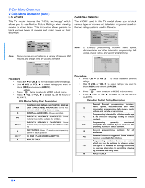 Page 1816 lV-CHIP MENU OPERATIONENGLISHV-Chip Menu Operation (cont.)
U.S. MOVIES
This TV model features the “V-Chip technology” which
allows you to use Motion Picture Ratings when viewing
movies or video tapes. This innovation allows parents to
block various types of movies and video tapes at their
discretion.
 
Note:Some movies are not rated for a variety of reasons. Old
movies and foreign films are usually not rated.     
Procedure
•Press CH q or CH pto move between different ratings.
•Use tVOLor VOLu to...