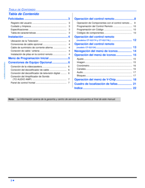 Page 262 lTABLA DE CONTENIDOESPAÑOLTabla de Contenido
Felicidades.......................................................3
Registro del usuario....................................................   3
Cuidado y limpieza......................................................   3
Especificaciones.........................................................   3
Tabla de características..............................................   3
Instalación........................................................4
Ubicación de la...