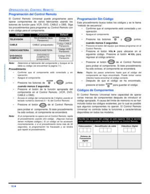 Page 3410 lOPERACIÓN DEL CONTROL REMOTOESPAÑOLProgramación del Control Remoto
El Control Remoto Universal puede programarse para
operar componentes de varios fabricantes usando los
botones de función para VCR, DVD, CABLE o DBS. Siga
los procedimientos para programar su Control Remoto con
o sin código para el componente.
Nota:Determine el fabricante del componente y busque en la
tabla su código (se encuentran la pagina 11).
Procedimiento
•Confirme que el componente esté conectado y en
operación.
•Apague el...