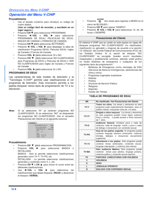 Page 4218 lOPERACIÓN DEL MENU V-CHIPESPAÑOLOperación del Menu V-CHIP 
Procedimiento
•Use el teclado numérico para introducir su código de
cuatro dígitos. 
(Use un código fácil de recordar, y escríbalo en un
lugar seguro.)
•Presione CH q para seleccionar PROGRAMAS.
•Presione tVOL o VOL u para seleccionar
PROGRAMAS DE EEUU, PELICULAS DE EEUU,
INGLES DE CANADA o FRANCES DE CANADA.
•Presione CH q para seleccionar ACTIVADO.
•Presione tVOLo VOLu para desplegar la tabla de
clasificación Programas EEUU, Peliculas EEUU,...