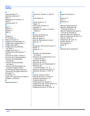 Page 4622 lINDICEESPAÑOLA
Ajuste del Reloj 16
Ajuste de Altavoces 17
Altos 17
Apagado por cronómetro 16
Audio 17
Autoencendido 15
B
Bajos 17
Balance 17
Bloqueo 17
Brillo 15
C
Canales 16
CC En Mudo 15
Modo de Cinema 15
Códigos de Componentes 10
Códigos para Componentes 11
Códigos para DBS 11
Códigos para Decodificador 
de Cable 11
Códigos para DVD 11
Códigos para Videocasetera 11
Color 15
Conexión de Cable / Antena 4
Conexión de la Videocasetera 6
Conexión del Amplificador 
de Sonido 7
Conexión del Decodificador...