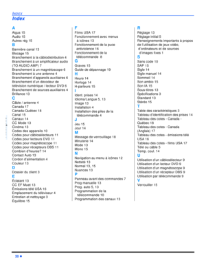 Page 6820 lINDEXFRANÇAISA
Aigus 15
Audio 15
Autres rég 15
B
Bannière canal 13
Blocage 15
Branchement à la câblodistribution 4
Branchement à un amplificateur audio 
(TO AUDIO AMP) 7
Branchement à un magnétoscope 6
Branchement à une antenne 4
Branchement d’appareils auxiliaires 6
Branchement d’un décodeur de 
télévision numérique / lecteur DVD 6
Branchement de sources auxiliaires 4
Brillance 13
C
Câble / antenne 4
Canada 17
Canada-Québec 18
Canal 15
Canaux 14
CC Mode 13
Cinéma 13
Codes des appareils 10
Codes pour...