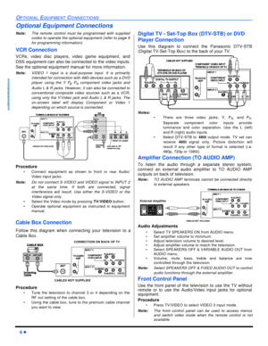 Page 86 lOPTIONAL EQUIPMENT CONNECTIONSENGLISHOptional Equipment Connections
Note:The remote control must be programmed with supplied
codes to operate the optional equipment (refer to page 9
for programming information).
VCR Connection 
VCRs, video disc players, video game equipment, and
DSS equipment can also be connected to the video inputs.
See the optional equipment manual for more information. 
Note:VIDEO 1 input is a dual-purpose input. It is primarily
intended for connection with 480i devices such as a...