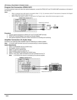Page 1210 l
OPTIONAL EQUIPMENT CONNECTIONS
Program Out Connection (PROG OUT) 
To use the television audio and video with optional equipment, connect the PROG OUT and TO AUDIO AMP connections on the back of
the television.
Notes:
• When a component input video signal is connected to Video 1 (Y, P
B,  PR ) terminals, and the TV main picture is Component, the Program
output video will be luminance signal (no color).
• When S-Video input signal is used for TV main picture, the Program output  video will be...