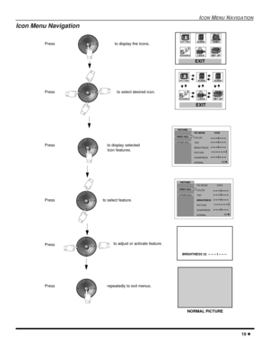 Page 21ICON MENU NAVIGATION
19 l
Icon Menu Navigation
Press to display the Icons.
Press to select desired icon.
Press to display selected
Icon features. 
Press to select feature.
Press
VIDEO ADJ.PICTURE
PIC MODE               VIVID
COLOR
TINT
BRIGHTNESS
PICTURE
SHARPNESS
NORMALNOu-- -- -- I -- -- -- 
 -- -- -- -- ---- -- -- -- -- -- I -- --
 -- I -- -- -- 
-- -- -- I -- -- -- 
-- -- -- I -- -- -- 
OTHER ADJ.
VIDEO ADJ.PICTURE
PIC MODE               VIVID
COLOR
TINT
BRIGHTNESS
PICTURE
SHARPNESS
NORMALNOu-- -- --...