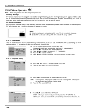 Page 3028 l
V-CHIP MENU OPERATION
V-CHIP Menu Operation 
Note:Refer to page 19 for Icon Menu Navigation procedures. 
Blocking Message
If V-Chip is enabled and the program exceeds the rating limit set by you, the blocking message will appear and the audio
will be muted. Enter your four-digit secret code if you wish to continue viewing the program. After entering your code, all
locks and rating blocks are disabled until the TV is turned off or until all settings are off.
PIP Blocking Message
PIP function is...