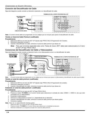 Page 508 l
CONEXIONES DE EQUIPO OPCIONAL
Conexión del Decodificador de Cable
Siga este diagrama cuando conecte su televisión solamente a un decodificador de cable.
Nota:El control remoto debe ser programado con los códigos que se incluyen para operar el decodificador de cable. 
Viendo un Canal de Cable Premium (codificado)
Procedimiento
1.Seleccione ANT2 en el menú de SET UP (Ajuste) bajo PROG CNLS (Programación de Canales).
2. Sintonize la televisión al canal 3.
3. Usando el decodificador de cable, sintonize...